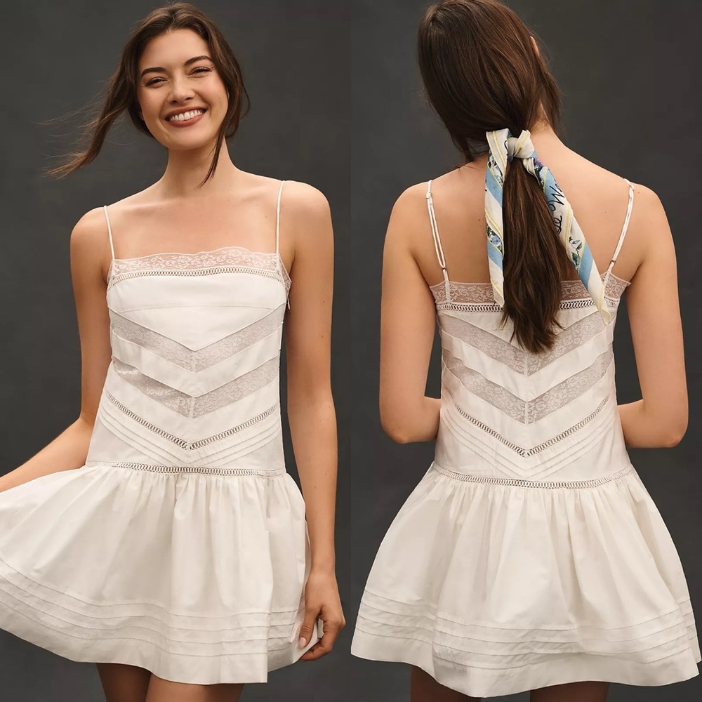Anthropologie Maeve Sleeveless Square Neck Lace Mix Mini Dress White
